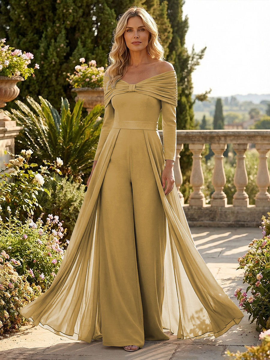 Chiffon Pantsuit Off Shoulder Floor-Length Mother of the Bride & Groom Jumpsuit with Pleated