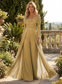Chiffon Pantsuit Off Shoulder Floor-Length Mother of the Bride & Groom Jumpsuit with Pleated
