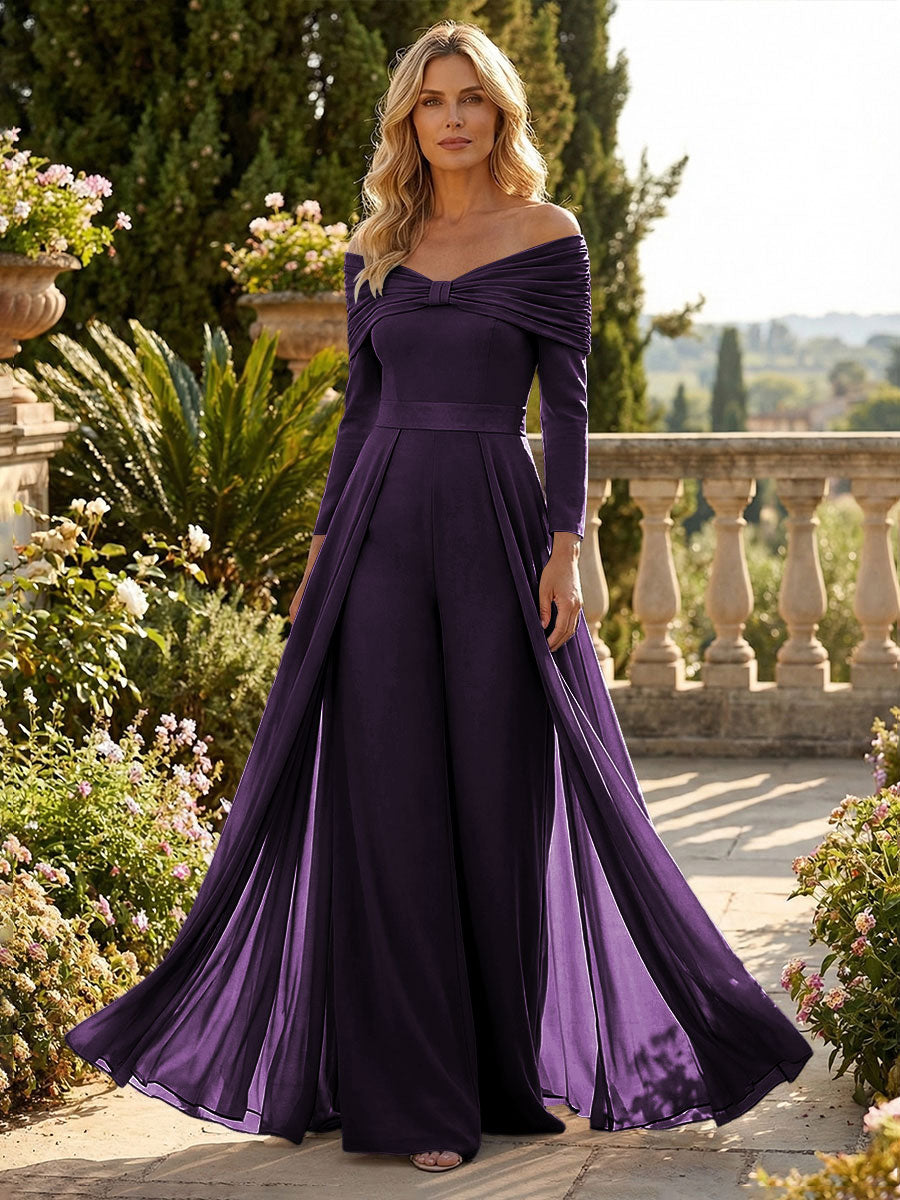 Chiffon Pantsuit Off Shoulder Floor-Length Mother of the Bride & Groom Jumpsuit with Pleated