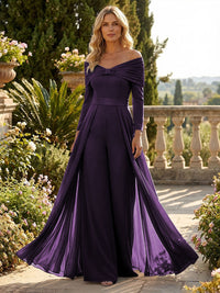 Chiffon Pantsuit Off Shoulder Floor-Length Mother of the Bride & Groom Jumpsuit with Pleated