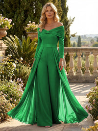 Chiffon Pantsuit Off Shoulder Floor-Length Mother of the Bride & Groom Jumpsuit with Pleated