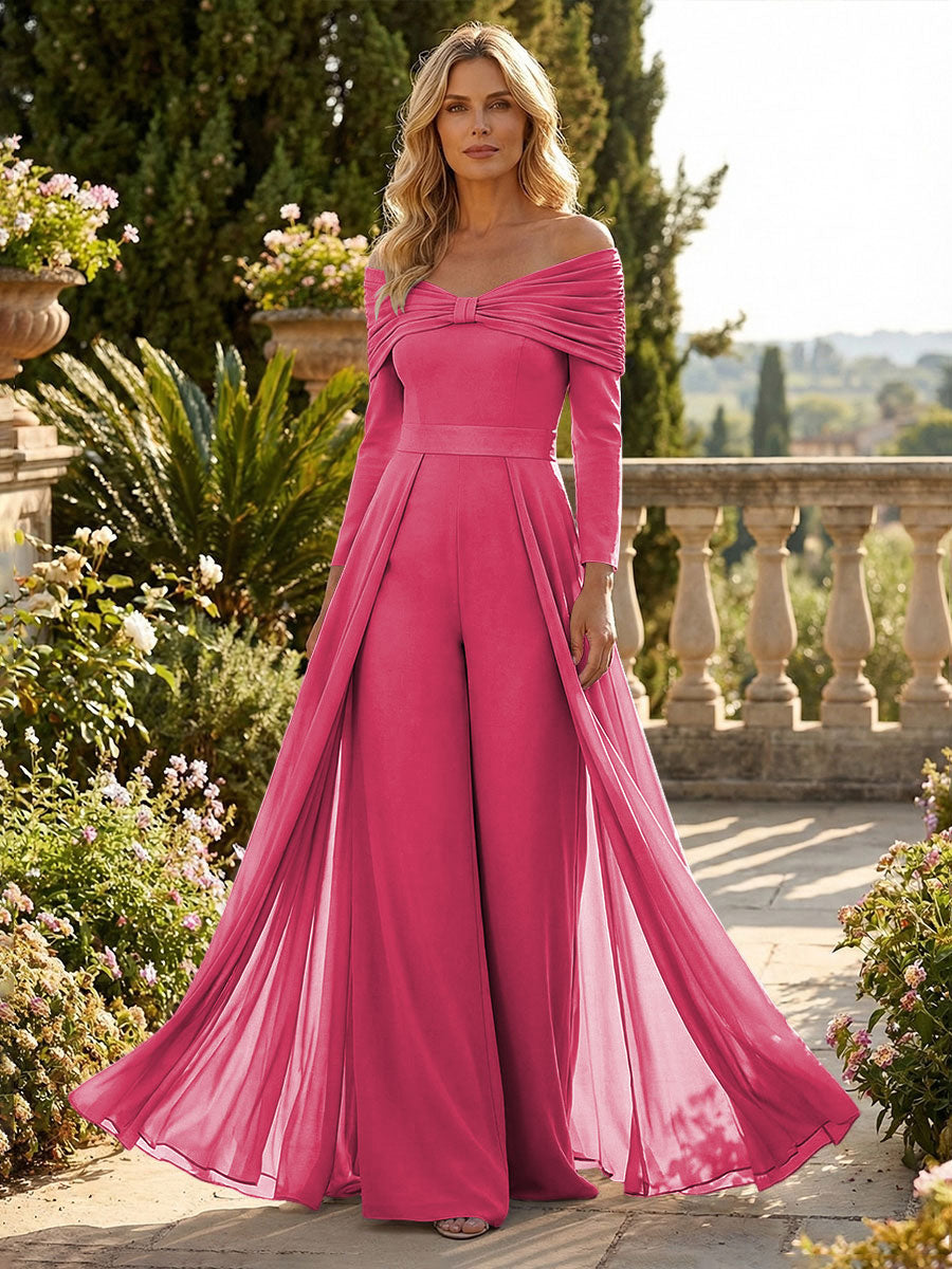 Chiffon Pantsuit Off Shoulder Floor-Length Mother of the Bride & Groom Jumpsuit with Pleated