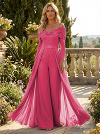 Chiffon Pantsuit Off Shoulder Floor-Length Mother of the Bride & Groom Jumpsuit with Pleated