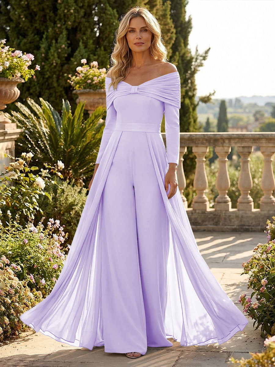 Chiffon Pantsuit Off Shoulder Floor-Length Mother of the Bride & Groom Jumpsuit with Pleated