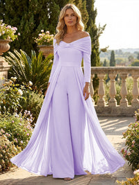Chiffon Pantsuit Off Shoulder Floor-Length Mother of the Bride & Groom Jumpsuit with Pleated