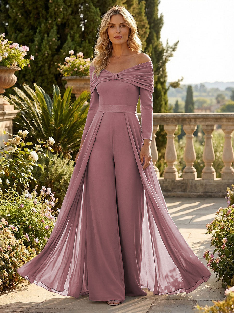 Chiffon Pantsuit Off Shoulder Floor-Length Mother of the Bride & Groom Jumpsuit with Pleated