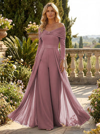 Chiffon Pantsuit Off Shoulder Floor-Length Mother of the Bride & Groom Jumpsuit with Pleated