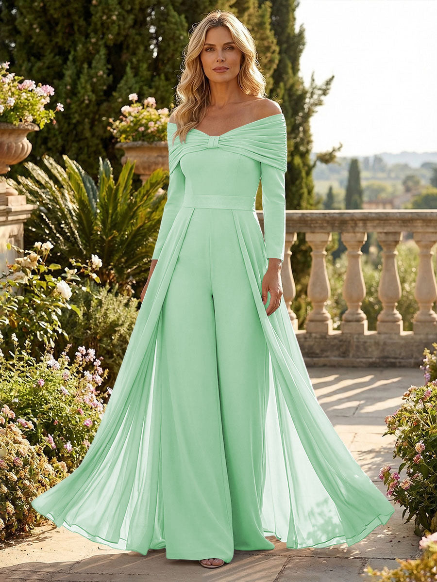 Chiffon Pantsuit Off Shoulder Floor-Length Mother of the Bride & Groom Jumpsuit with Pleated