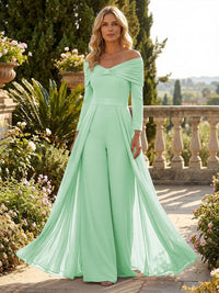 Chiffon Pantsuit Off Shoulder Floor-Length Mother of the Bride & Groom Jumpsuit with Pleated