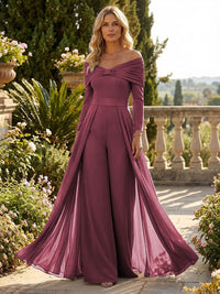 Chiffon Pantsuit Off Shoulder Floor-Length Mother of the Bride & Groom Jumpsuit with Pleated