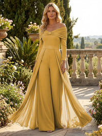 Chiffon Pantsuit Off Shoulder Floor-Length Mother of the Bride & Groom Jumpsuit with Pleated