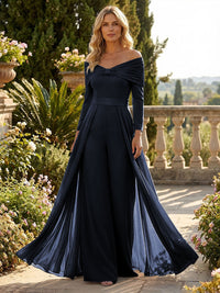 Chiffon Pantsuit Off Shoulder Floor-Length Mother of the Bride & Groom Jumpsuit with Pleated