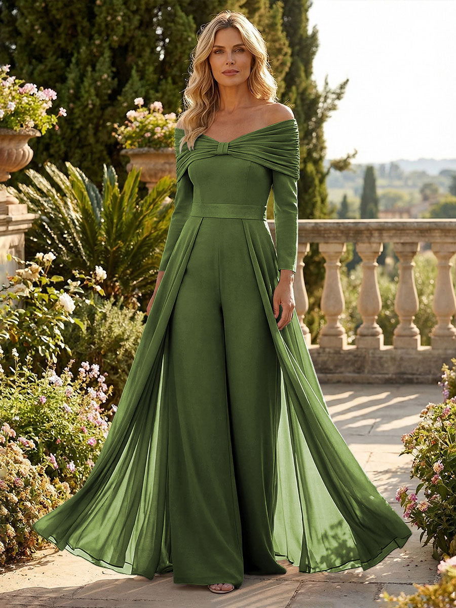 Chiffon Pantsuit Off Shoulder Floor-Length Mother of the Bride & Groom Jumpsuit with Pleated