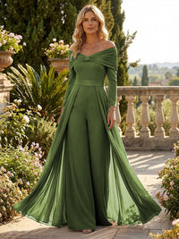 Chiffon Pantsuit Off Shoulder Floor-Length Mother of the Bride & Groom Jumpsuit with Pleated