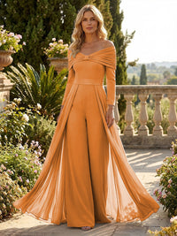 Chiffon Pantsuit Off Shoulder Floor-Length Mother of the Bride & Groom Jumpsuit with Pleated