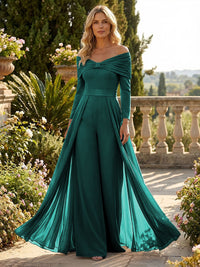 Chiffon Pantsuit Off Shoulder Floor-Length Mother of the Bride & Groom Jumpsuit with Pleated