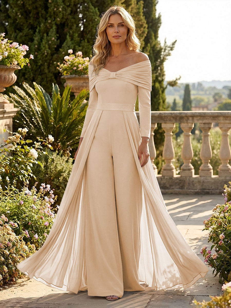 Chiffon Pantsuit Off Shoulder Floor-Length Mother of the Bride & Groom Jumpsuit with Pleated