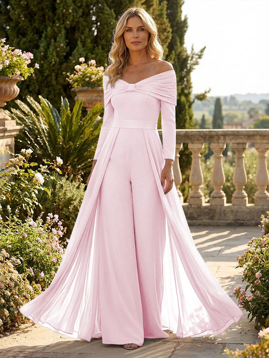 Chiffon Pantsuit Off Shoulder Floor-Length Mother of the Bride & Groom Jumpsuit with Pleated