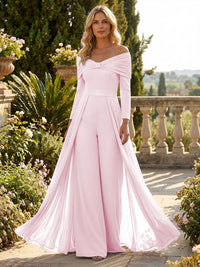 Chiffon Pantsuit Off Shoulder Floor-Length Mother of the Bride & Groom Jumpsuit with Pleated