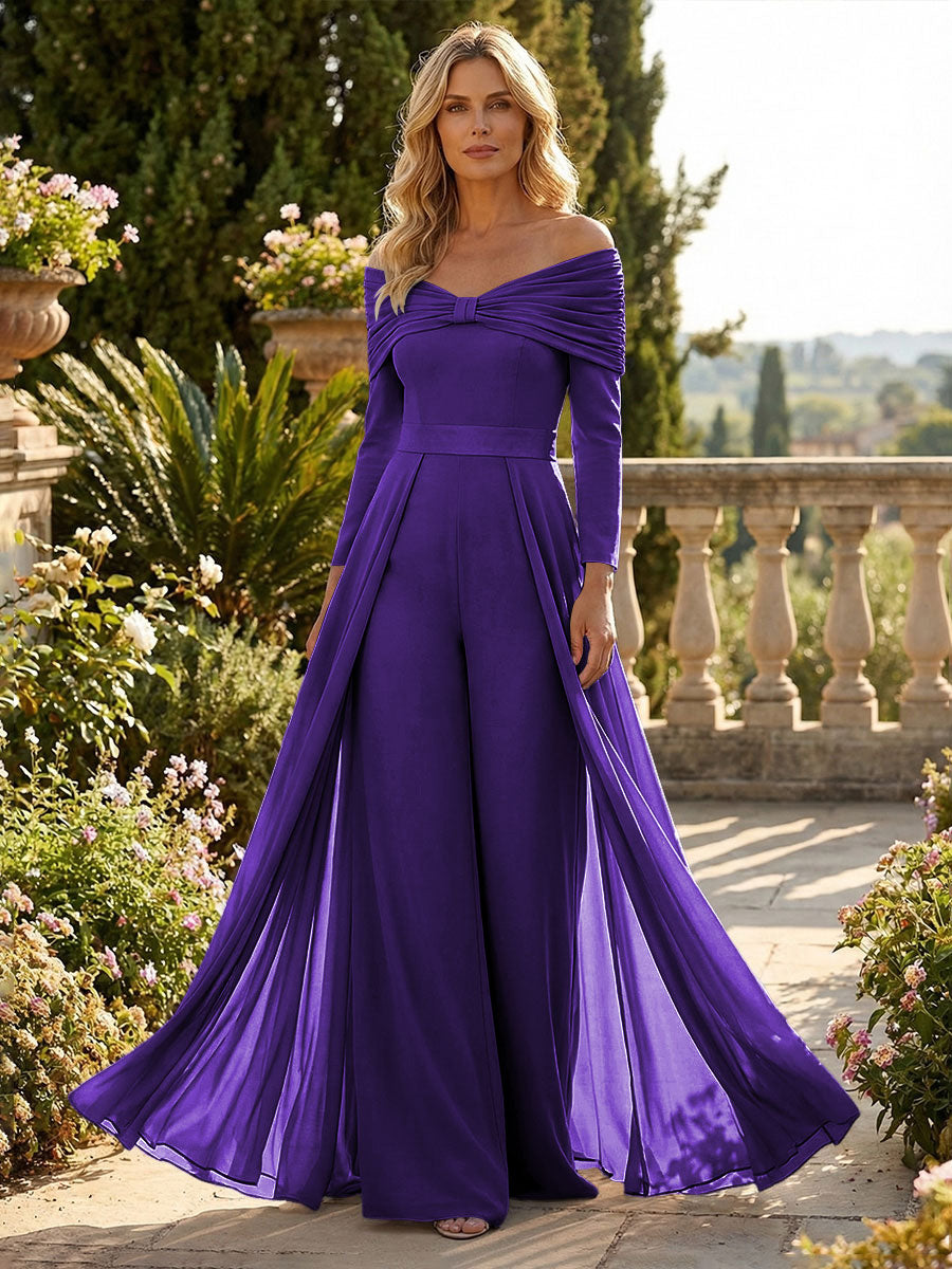 Chiffon Pantsuit Off Shoulder Floor-Length Mother of the Bride & Groom Jumpsuit with Pleated