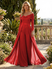 Chiffon Pantsuit Off Shoulder Floor-Length Mother of the Bride & Groom Jumpsuit with Pleated