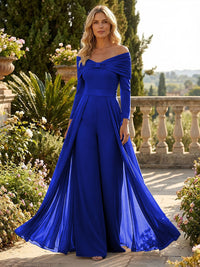 Chiffon Pantsuit Off Shoulder Floor-Length Mother of the Bride & Groom Jumpsuit with Pleated