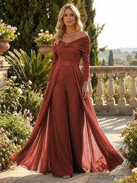 Chiffon Pantsuit Off Shoulder Floor-Length Mother of the Bride & Groom Jumpsuit with Pleated