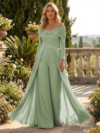 Chiffon Pantsuit Off Shoulder Floor-Length Mother of the Bride & Groom Jumpsuit with Pleated