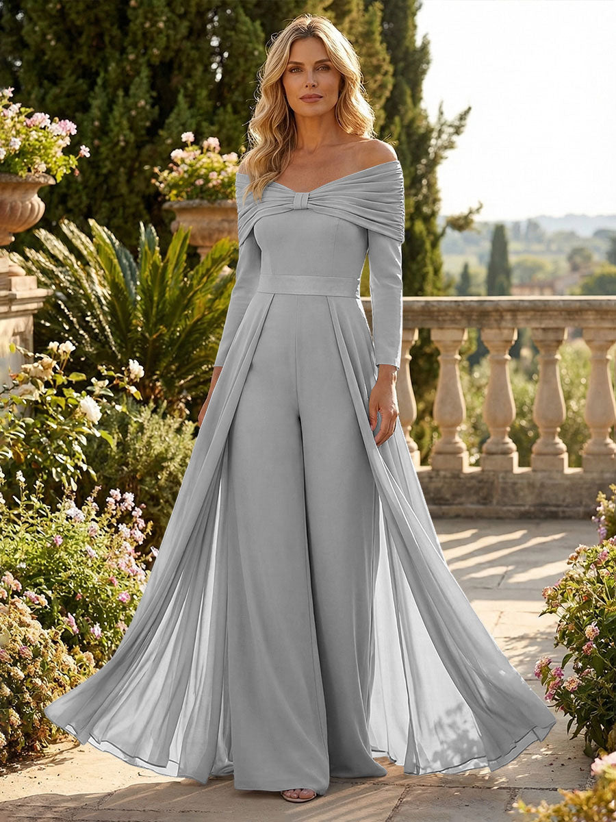 Chiffon Pantsuit Off Shoulder Floor-Length Mother of the Bride & Groom Jumpsuit with Pleated