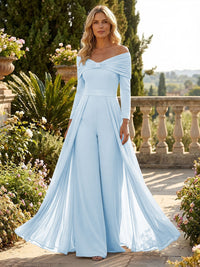 Chiffon Pantsuit Off Shoulder Floor-Length Mother of the Bride & Groom Jumpsuit with Pleated