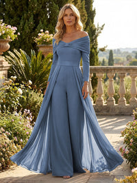 Chiffon Pantsuit Off Shoulder Floor-Length Mother of the Bride & Groom Jumpsuit with Pleated