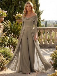Chiffon Pantsuit Off Shoulder Floor-Length Mother of the Bride & Groom Jumpsuit with Pleated