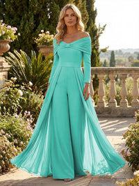 Chiffon Pantsuit Off Shoulder Floor-Length Mother of the Bride & Groom Jumpsuit with Pleated