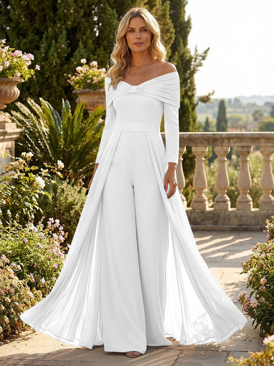 Chiffon Pantsuit Off Shoulder Floor-Length Mother of the Bride & Groom Jumpsuit with Pleated