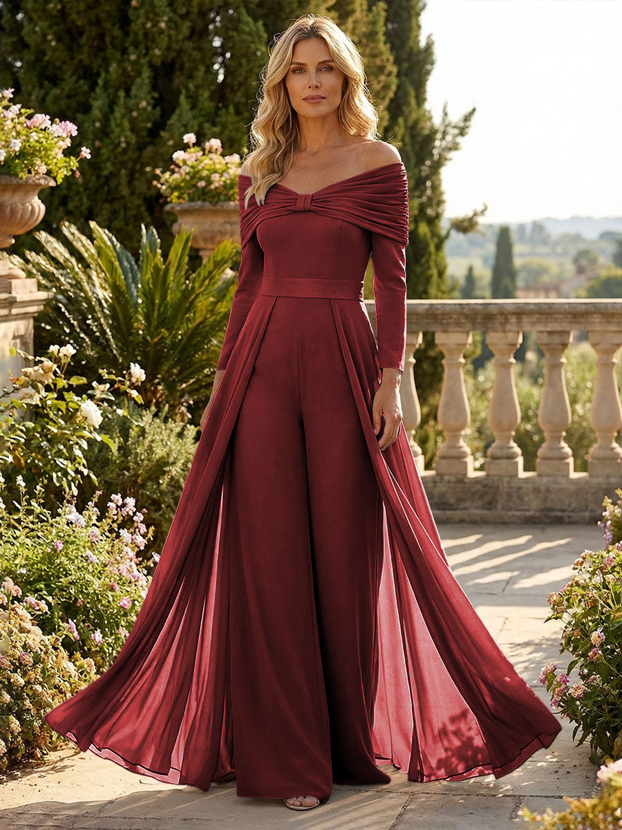 Chiffon Pantsuit Off Shoulder Floor-Length Mother of the Bride & Groom Jumpsuit with Pleated