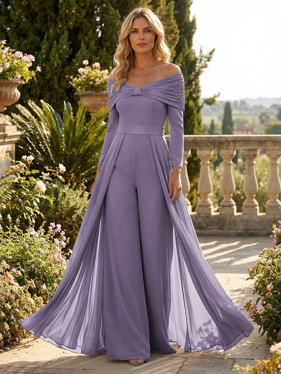 Chiffon Pantsuit Off Shoulder Floor-Length Mother of the Bride & Groom Jumpsuit with Pleated