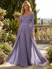 Chiffon Pantsuit Off Shoulder Floor-Length Mother of the Bride & Groom Jumpsuit with Pleated
