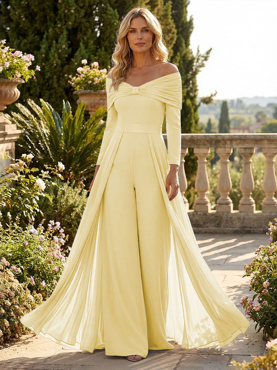 Chiffon Pantsuit Off Shoulder Floor-Length Mother of the Bride & Groom Jumpsuit with Pleated