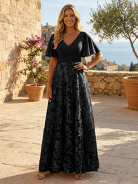 A-Line Lace Appliques Maxi Mother of the Bride & Groom Dresses with Flutter Sleeves Chiffon Bodice