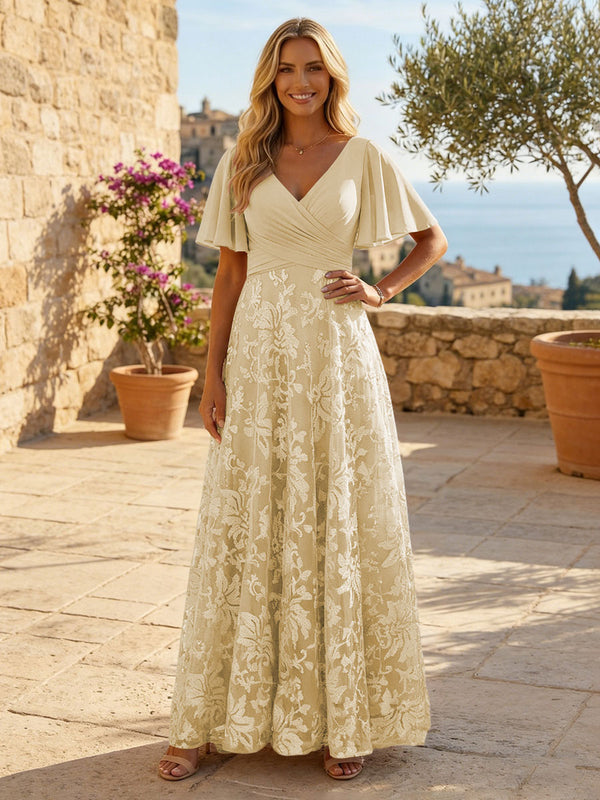 A-Line Lace Appliques Maxi Mother of the Bride & Groom Dresses with Flutter Sleeves Chiffon Bodice