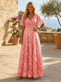 A-Line Lace Appliques Maxi Mother of the Bride & Groom Dresses with Flutter Sleeves Chiffon Bodice
