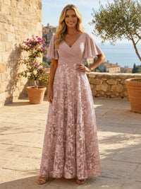A-Line Lace Appliques Maxi Mother of the Bride & Groom Dresses with Flutter Sleeves Chiffon Bodice