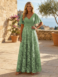 A-Line Lace Appliques Maxi Mother of the Bride & Groom Dresses with Flutter Sleeves Chiffon Bodice