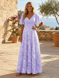 A-Line Lace Appliques Maxi Mother of the Bride & Groom Dresses with Flutter Sleeves Chiffon Bodice