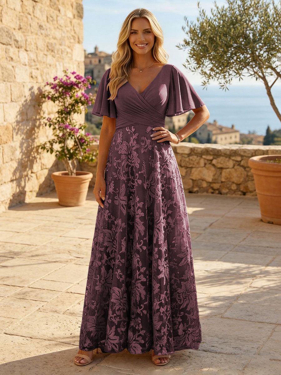 A-Line Lace Appliques Maxi Mother of the Bride & Groom Dresses with Flutter Sleeves Chiffon Bodice