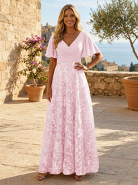 A-Line Lace Appliques Maxi Mother of the Bride & Groom Dresses with Flutter Sleeves Chiffon Bodice