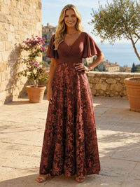 A-Line Lace Appliques Maxi Mother of the Bride & Groom Dresses with Flutter Sleeves Chiffon Bodice