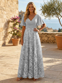 A-Line Lace Appliques Maxi Mother of the Bride & Groom Dresses with Flutter Sleeves Chiffon Bodice