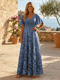 A-Line Lace Appliques Maxi Mother of the Bride & Groom Dresses with Flutter Sleeves Chiffon Bodice
