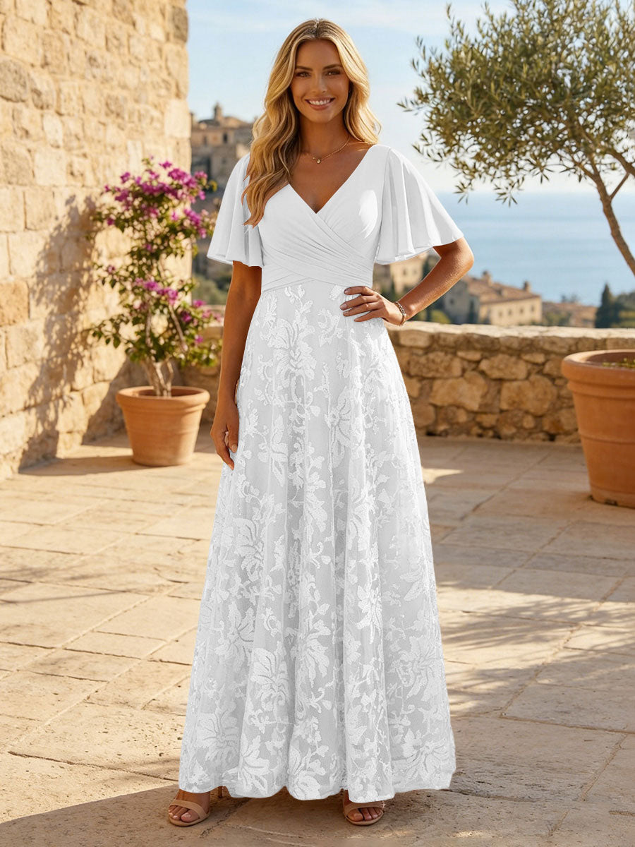 Shirees White A-Line Lace Appliques Maxi Mother of the Bride & Groom Dresses with Flutter Sleeves Chiffon Bodice 2026
